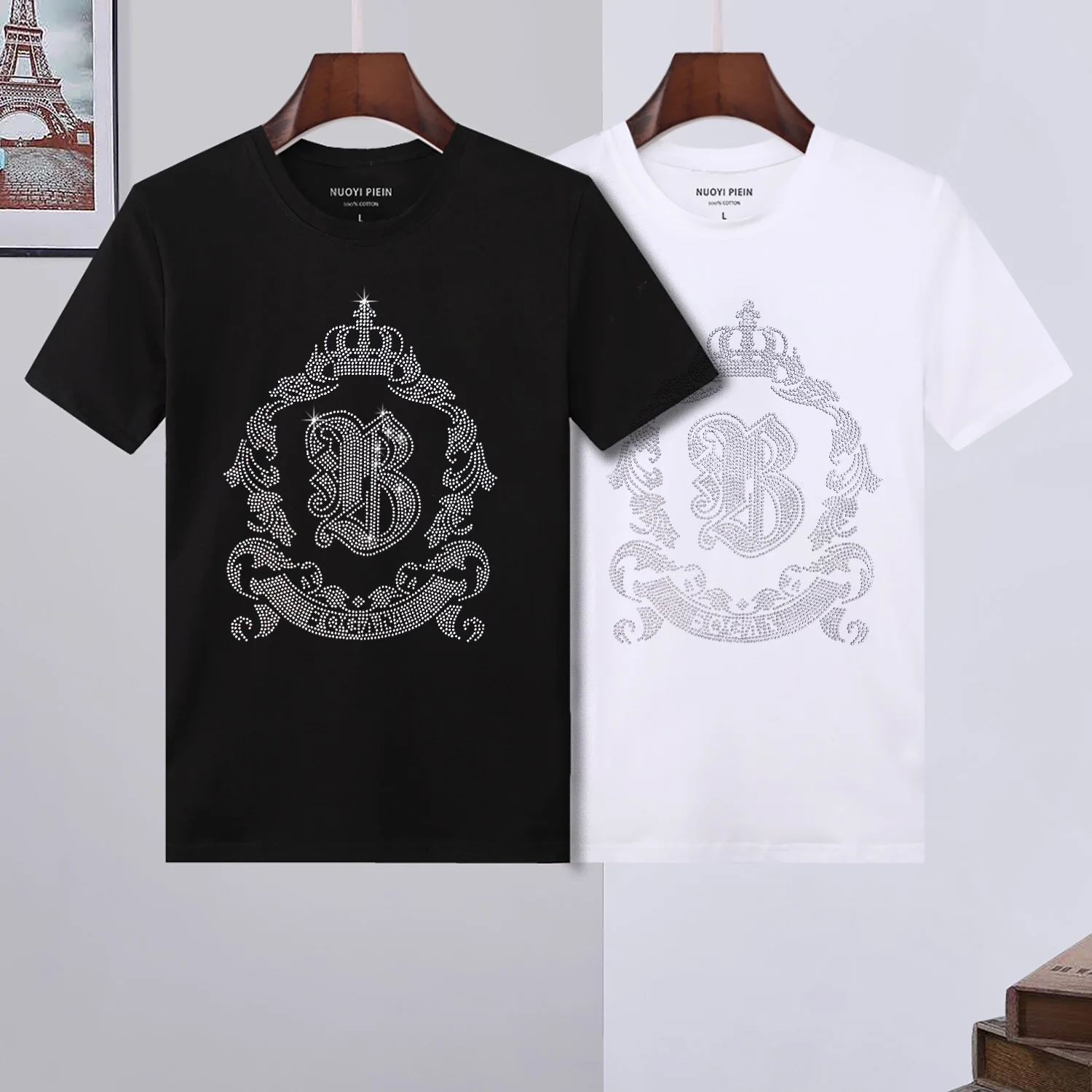 

Crown Rhinestone Men T-shirt Fashion Round Neck Short Sleeve Men Plein Luxury Tops Letter T-shirt Male Clothing Oversized Cotton