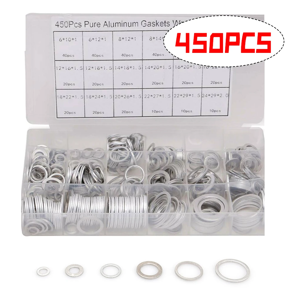

450PCS 18 Sizes Aluminum Alloy Flat Washers Assortment Kit Ring Gaskets Metal Washers Set Increase the thickening washers
