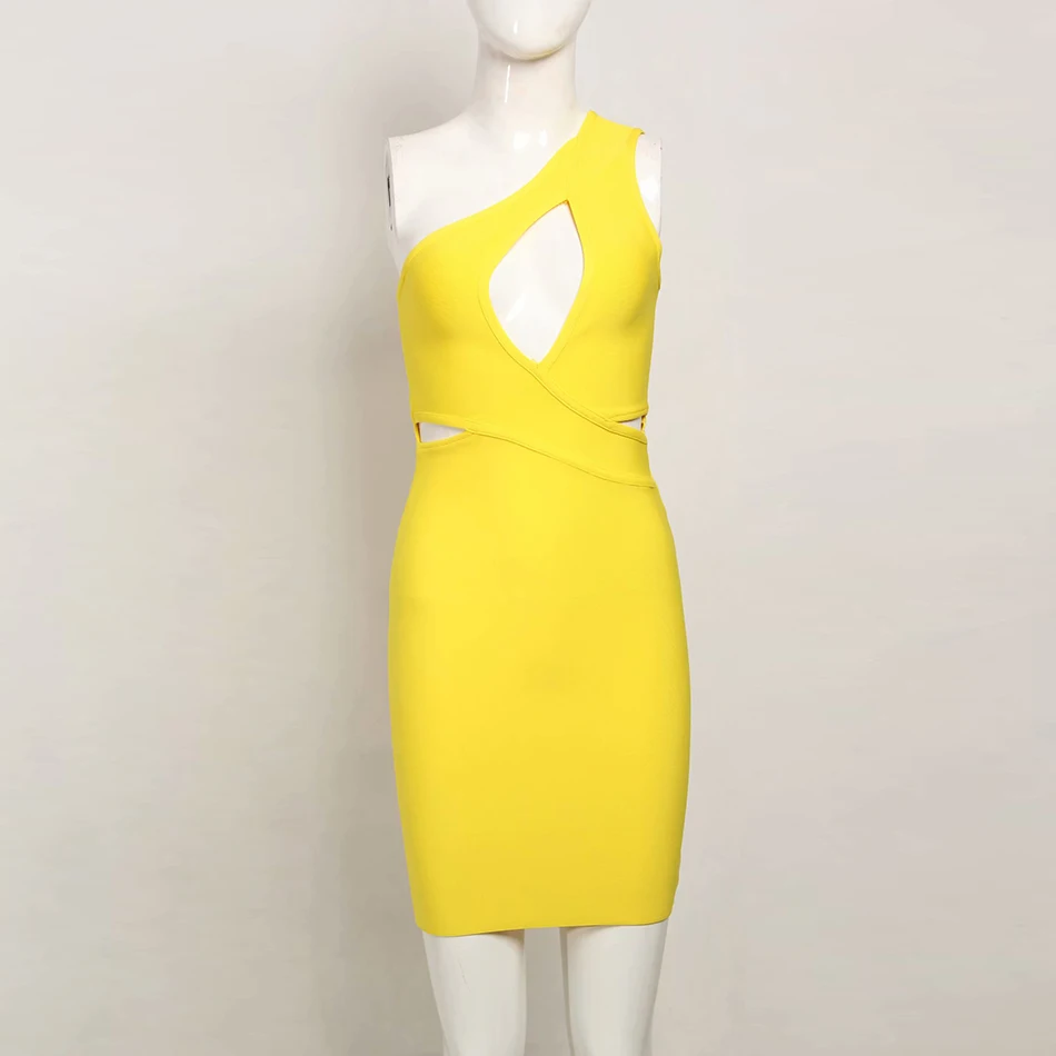 2021 Summer New Bandage Dress Yellow Sexy Sleeveless One Shoulder Hollow Bodycon Mini Dresses Club Evening Party Vestidos | Женская