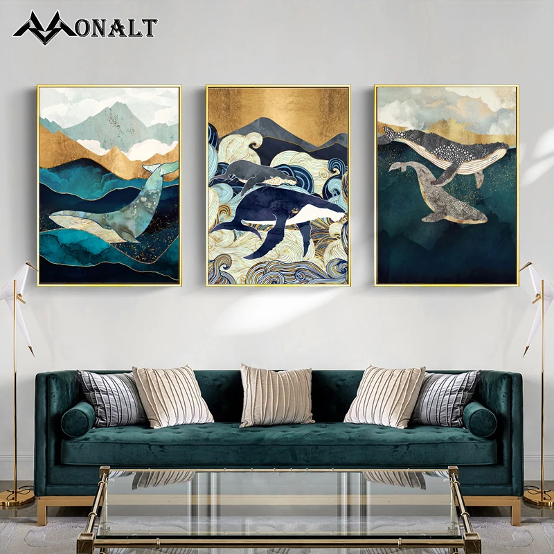 Картина на холсте с изображением синего и золотого Кита Постер животных пейзаж