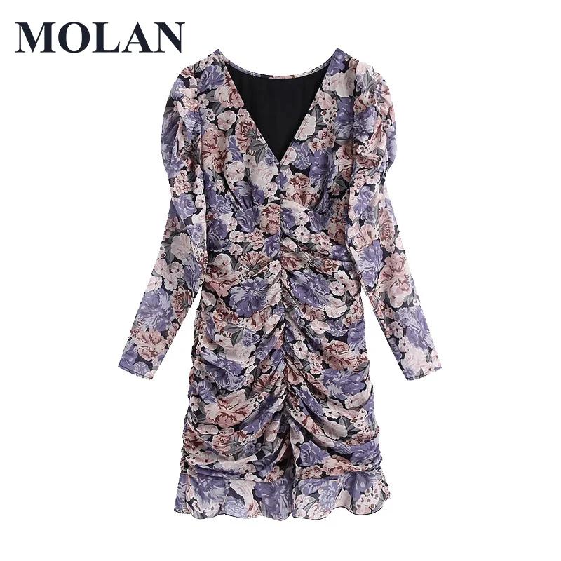 

MOLAN Fashion Floral Print Ruffled Pleated Dress Woman Vintage Long Sleeve With Lining 2021 New Vestidos Female Dresses