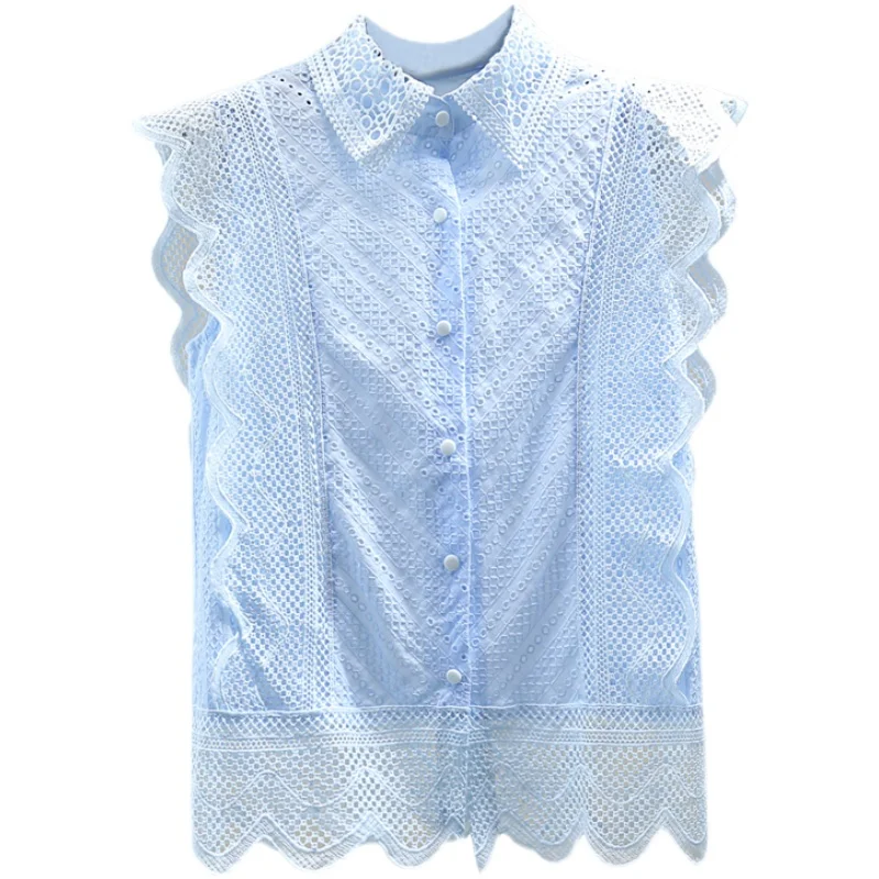

Lady Sleeveless Shirt 2021 Summer Slimming Elegant Women Lace Shirts and Blouse Solid Color Casual Cotton Blouses Blusas Mujer
