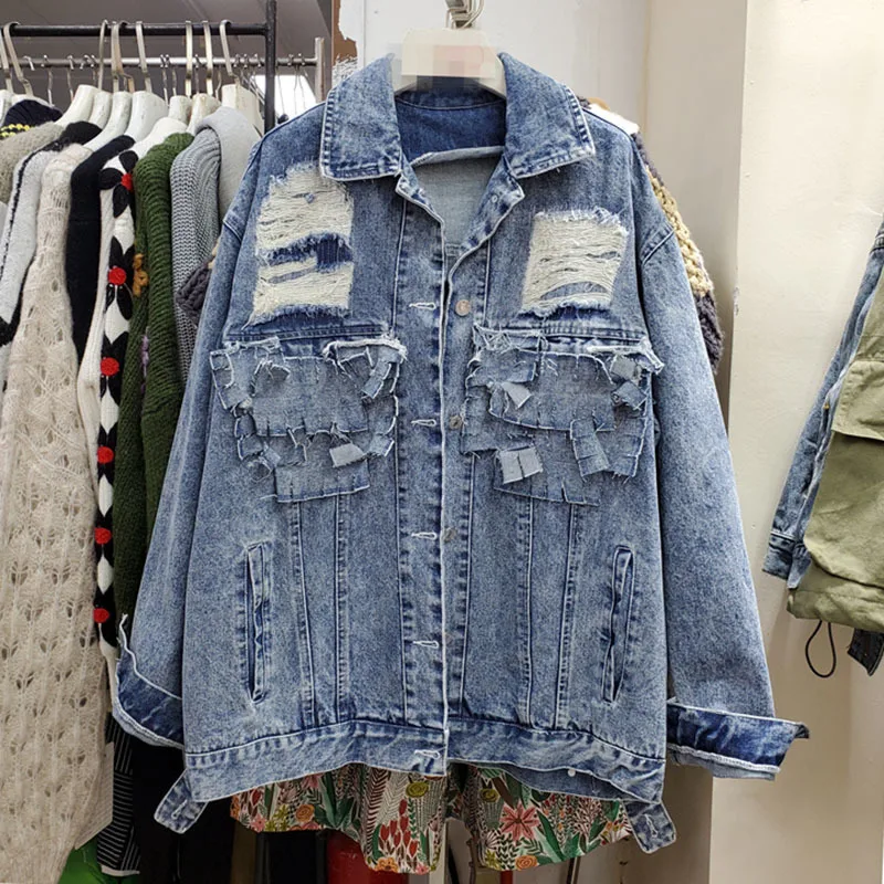 

SeeBeautiful Spliced Loose Denim Jacket Coat Lapel Long Sleeve Single Breasted Women Autumn 2021 New Fashion Tide G492
