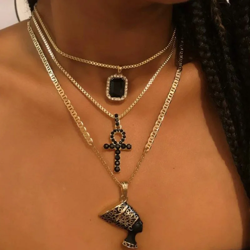 

New Bohemian Black Square Diamond Cross Pharaoh Head 3 Layer Necklace Ethnic Style Female Necklace Jewelry Wholesale