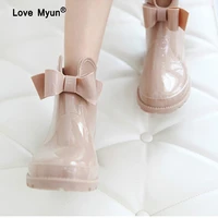 bowtie ankle rain boots women flat heels non slip glossy rainboots waterproof pvc woman water shoes wellies yhn89