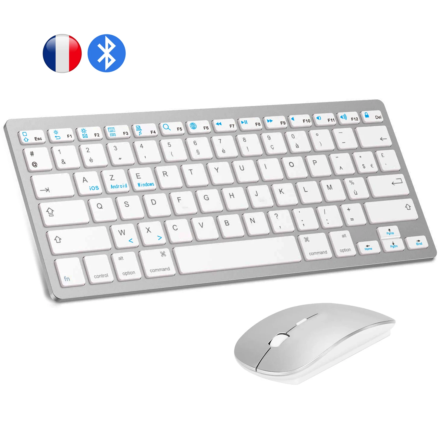 French AZERTY Bluetooth Keyboard Mouse Combo Wireless Bluetooth Mice Ultra Slim Mute for Mac iPad iPhone iOS Android Windows