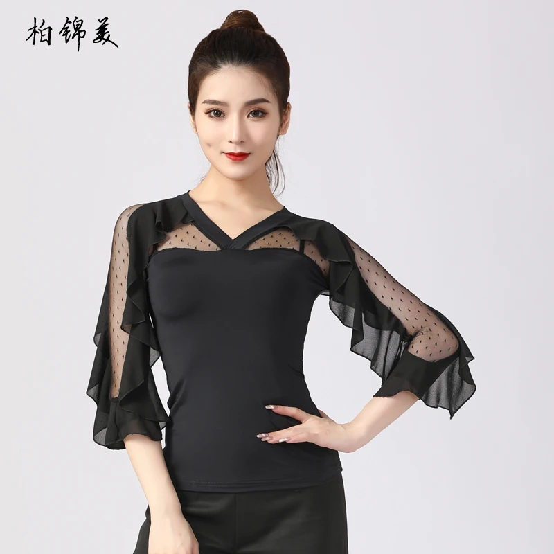 Одежда для латиноамериканских танцев рубашка взрослых с оборками рукава три