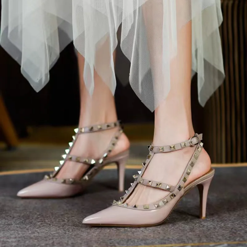 

Women's Shoes 2022 New Woman Sexy Nightclub Stiletto Heels Patent-leather Metallic Rivet Hollow Roman Fashion Female Sandals