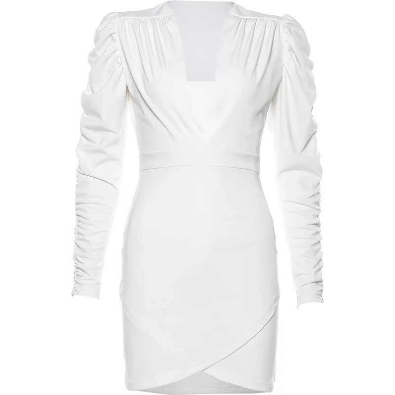 

Women Sexy White Dress 2020 Women Fashion Deep V-neck A-line French Elegant Puff Long Sleeve Party Holiday Mini Dress Vestidos