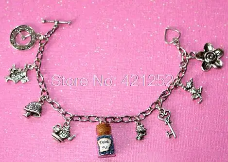 

6pcs/lot Alice in Wonderland Magical Charm Bracelet Your Choice of Magic Drink Me or Mad Magic charm bracelets