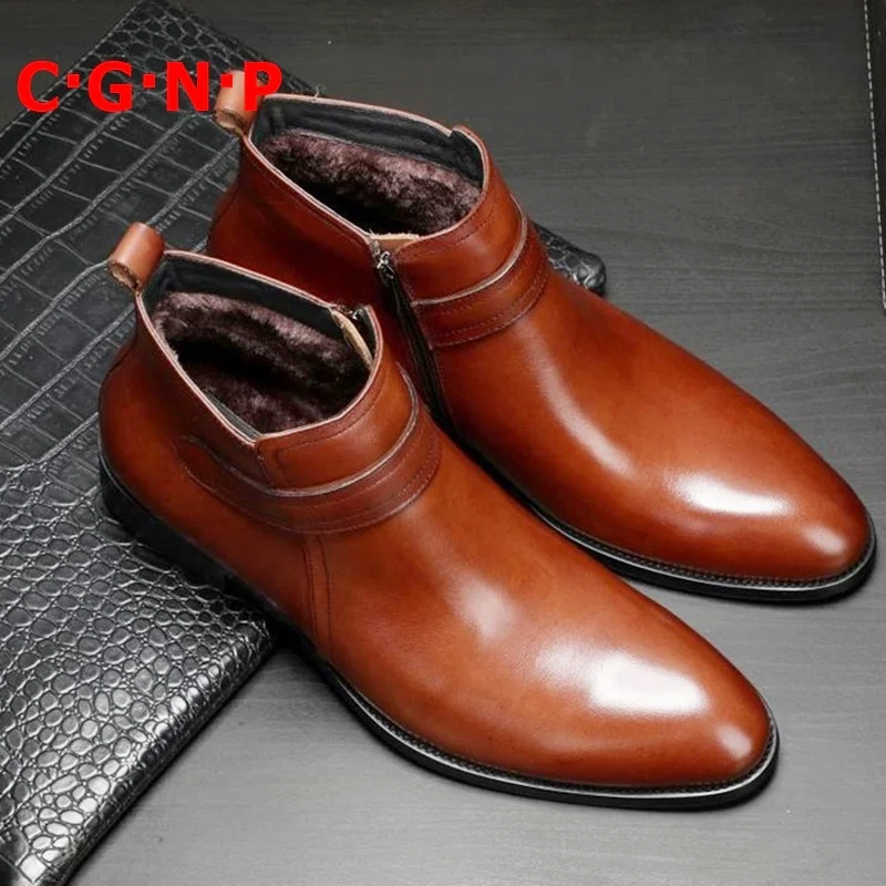 

C·G·N·P Short Plush Warm Autumn Winter Boots Men Genuine Leather Pointed Toe Chelsea Boots High-top Men Shoes Ankle Boots