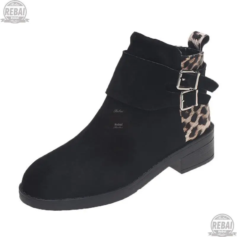 

Fashion Women Shoes 2021 New Chelsea Boots Casual Black Square Heels Round Toe Metal Buckle Ankel Boots Female Footwear Size 43