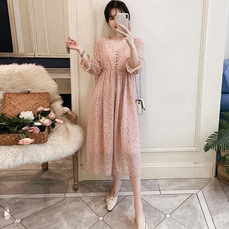 

Maternity Dresses Summer V-neck Dot Print Chiffon Long Dress For Pregnant Women Pregnancy Vestidos Clothes Spring