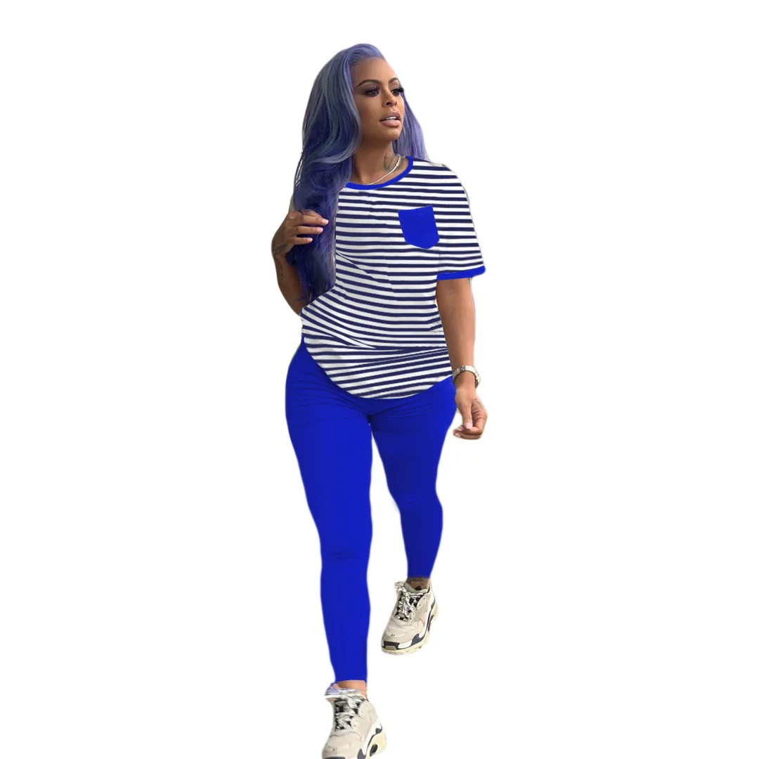 

Cutubly Long Sleeve Two Piece Set Summer Striped Women'S Set Fitness Outfit Tee Tops Legging Pants Suit Fashion Tracksuit