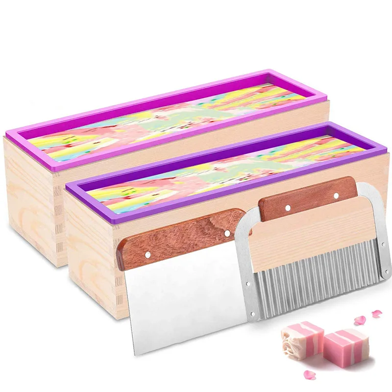 

2 шт., силиконовое мыло, 42 унции, набор прямоугольной формы для мыла в виде булочек в деревянной коробке, волнистый прямой скребок