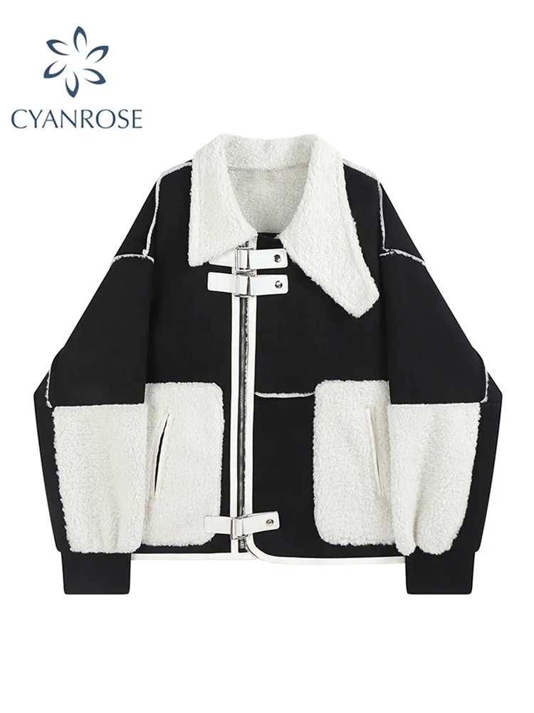 

Women Vintage Patchwork Suede Lambs Wool Jacket Leisure Loose Harajuku Fashion Winter Warm Thicken Leather Jacket Plus Size New
