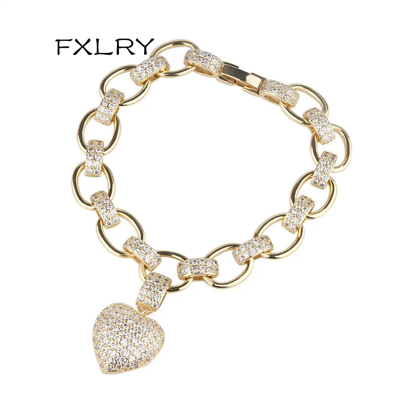 

FXLRY Personality AAA Zircon Heart Pendant Insert Zircon Chain Style Women Bracelet and Bangles For Women Party Jewelry