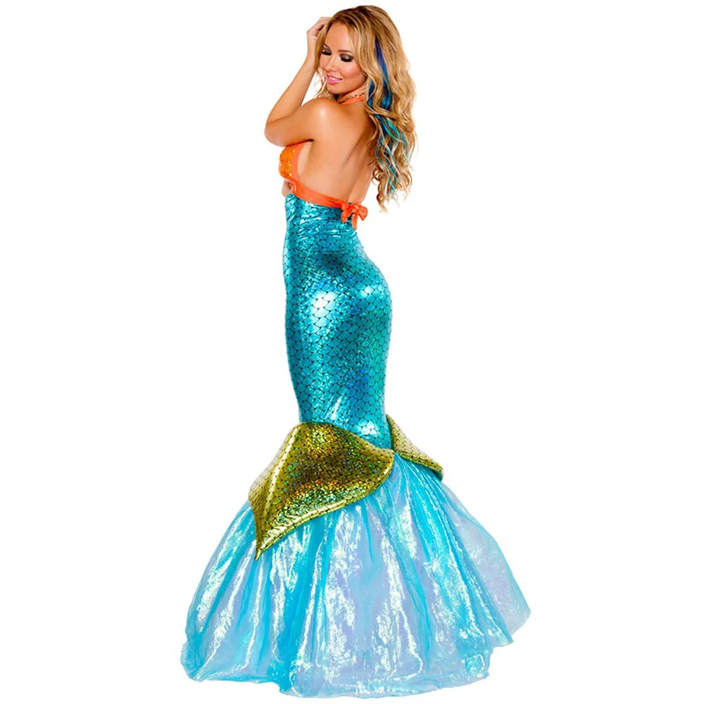 

Free Shipping 2021 Fancy Party Dress Sequin Purple Blue Deluxe Little Mermaid Costume Adult Ladies Halloween Sexy Cosplay Dress