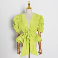 patchwork ruffles blouse elegant loose women shirt v neck puff half sleeve tunic lace up bow female fashion summer