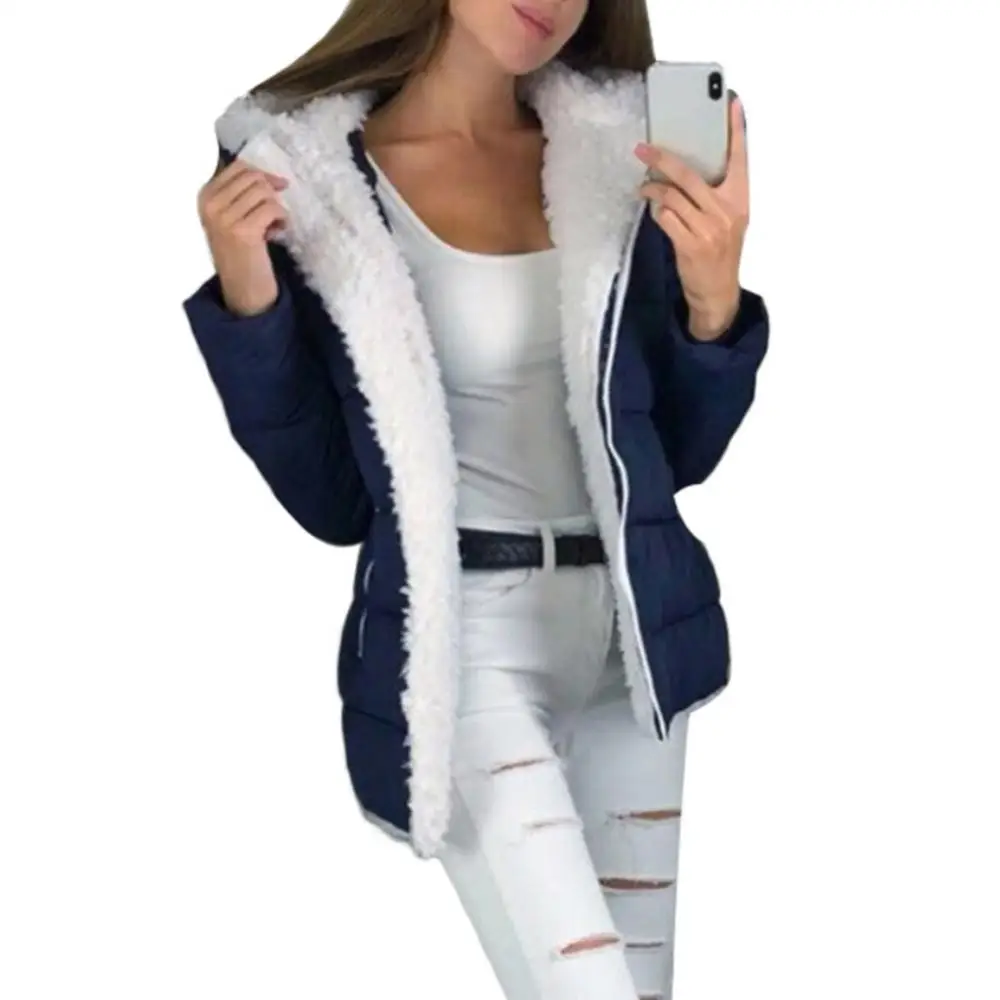 Wholesales Women Autumn Winter Solid Color Zipper Hooded Jacket Thickened Warm Cotton Coat