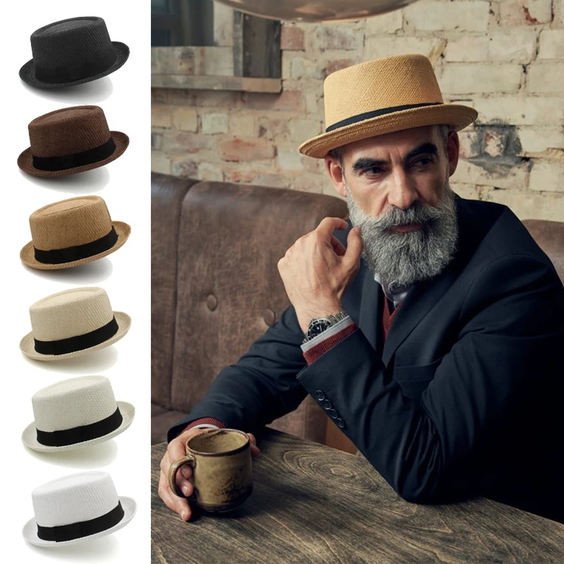 

Men Women Classical Straw Pork Pie Hats Fedora Sunhats Trilby Caps Summer Boater Beach Outdoor Travel Party Size US 7 1/4 UK L