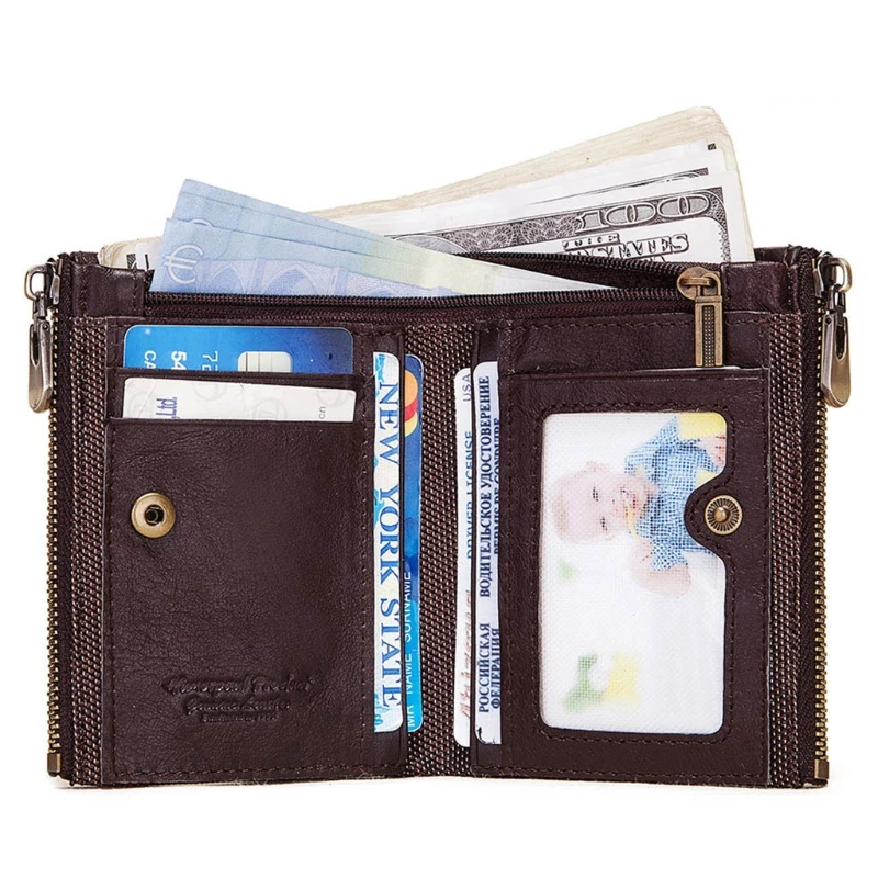 

Card Leather Bifold Wallet RFID Blocking Double Zipper Coin Purse Cash Pocket