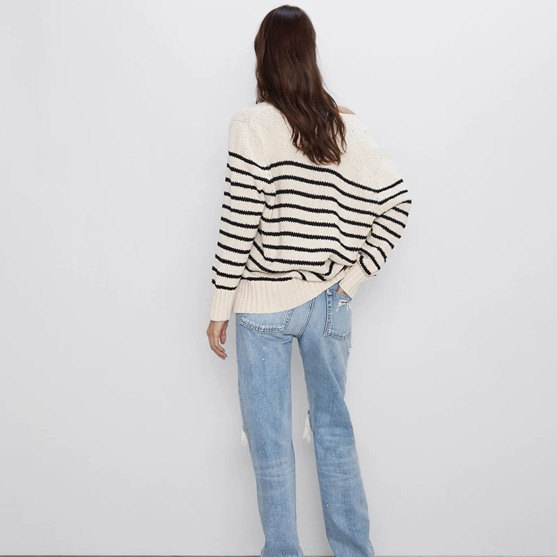Autumn New ZA Women's Knit Sweater Fashion Stripe Long Sleeve V-neck Loose Casual Turtleneck Hot Sales Wholesale | Женская одежда