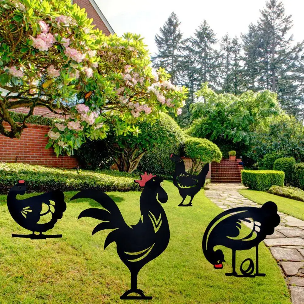 

Hollow Wrought Iron Metal Rooster Black White Chicken Gardens Yard Ornaments Steel Rooster Garden Decoration Farm Animals Home D