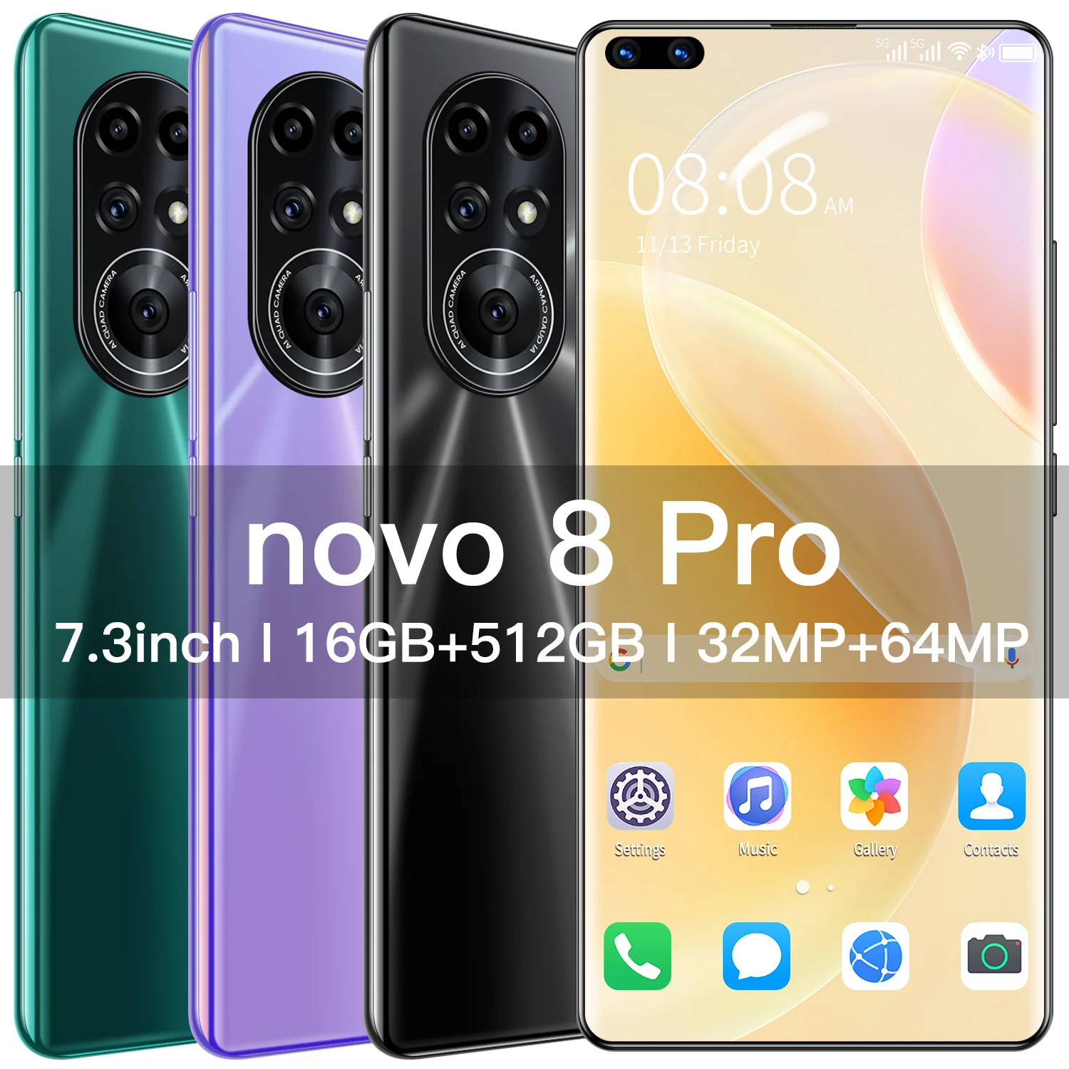 

Novo8 Pro 7.3-Inch Andriod11 32+64MP Smartphones Global Version 2021 5G LTE 16GB 512GB 6800mAh 10 Core GPS Mobile Phone MTK6889