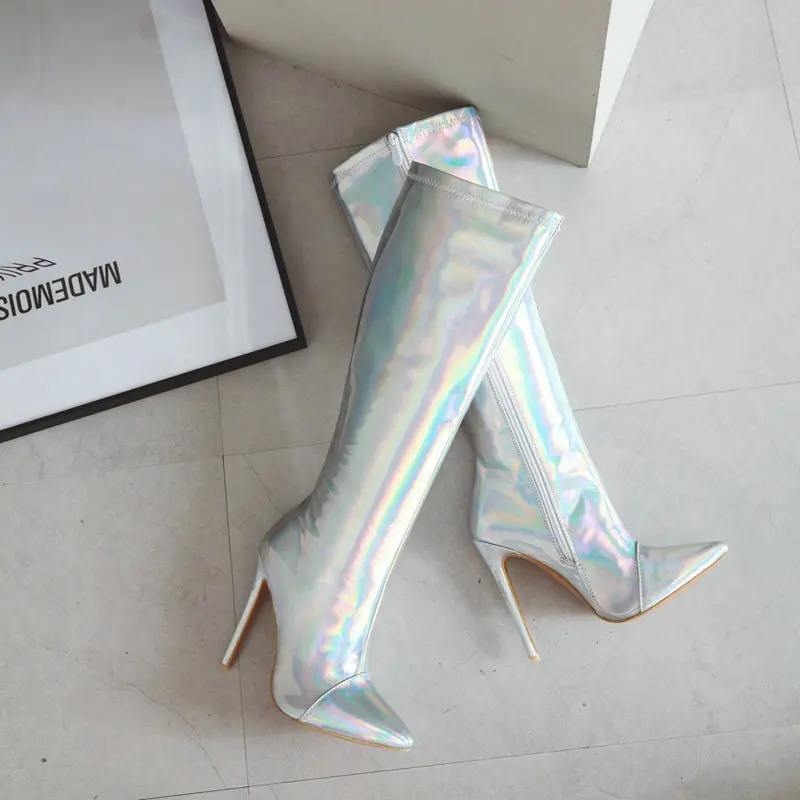 

Patent PU Leather Color Women Knee High Boots Fashion Pointed Toe Thin Heel Women Sexy Boots Zipper Ladies Winter Boots Big Size