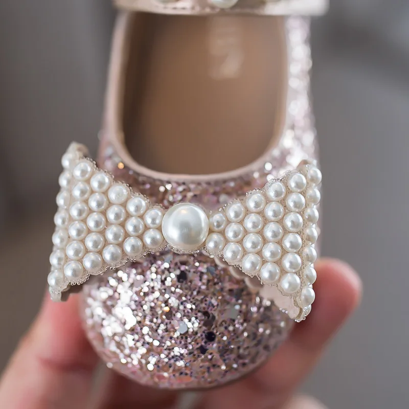 

13.5-15.5cm Brand Bling Bling Girls Princess Dress Shoes For Party Wedding,Pearls Bowtie-knot Toddler Girl Flats Shoes For 1-3Y