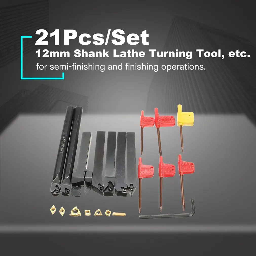 21Pcs/Set 12mm Shank Lathe Turning Tool Holder Boring Bar + Insert Blades Wrench S12M-SCLCR06/SER1212H16/SCL1212H06 | Инструменты