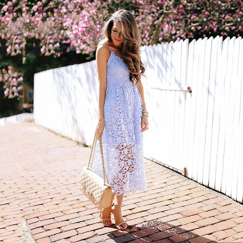 

Women Sexy Lace Hollow Out Backless Dress Summer Sling Sleeveless Spaghetti Straps V Neck Club Vestidos White Dresses Vestido