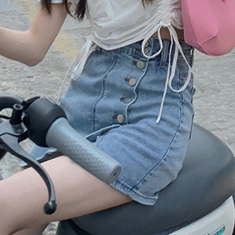 

KUSAHIKI Vintage Single Breasted High Waist Jeans Skirt Causal Sexy A-line Mini Wimen Skirts Summer 2021 New Faldas Mujer 6H034