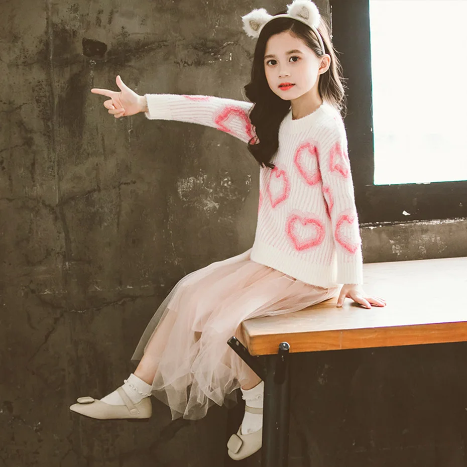 Свитер для девочек Детские свитера с принтом сердца пуловер вязаный свитер
