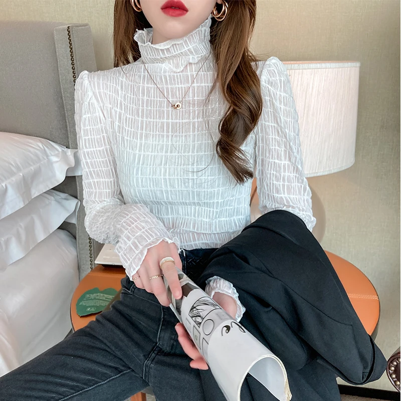 Женская кружевная верхняя одежда сезон осень-зима 2021 футболка с длинным рукавом