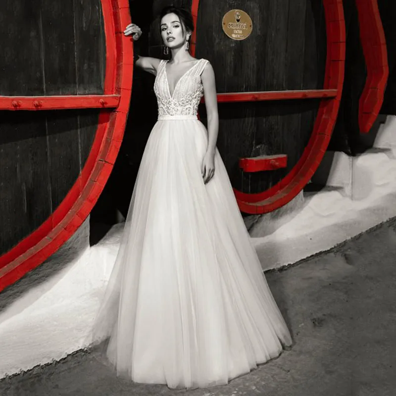 Eightree, Пляжное, бохо, свадебное платье, vestido de noiva Gelinlik, свадебное платье без рукавов, robe de soiree, блестящие свадебные платья с v-образным вырезом