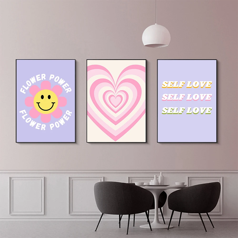 

Fashion Pastel Poster Cartoon Flower Smiley Art Print Self Love Quote Canvas Painting Nordic Wall Picture Living Room Home Decor