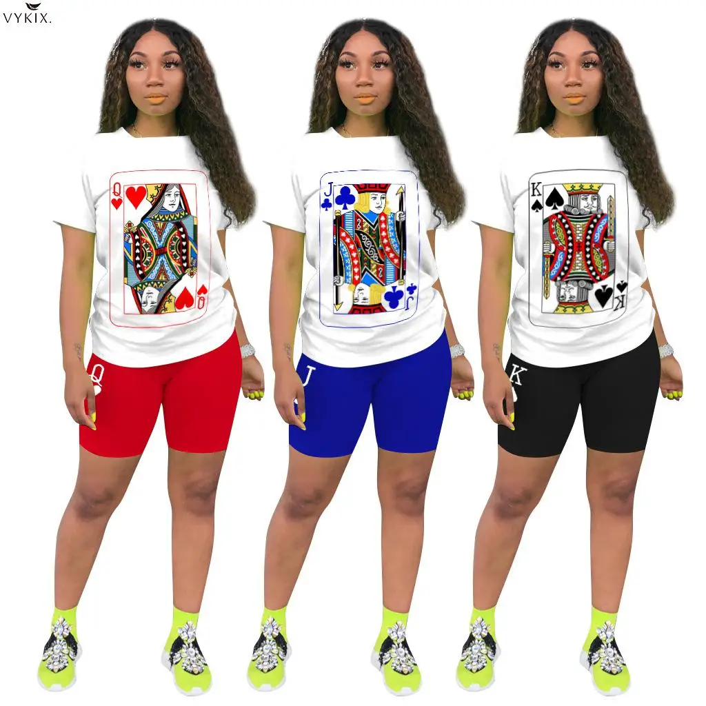

Women Sport Poker Card J Q K Two Piece Set T-shirt Tops Knee Length Jogger Sweatpant Suits Tracksuits Matching Sets Club Outfits