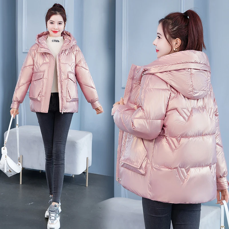 

Однотонная верхняя одежда с капюшоном, женская зимняя модная блестящая куртка, пальто, женская элегантная Глянцевая зимняя куртка, женская теплая парка