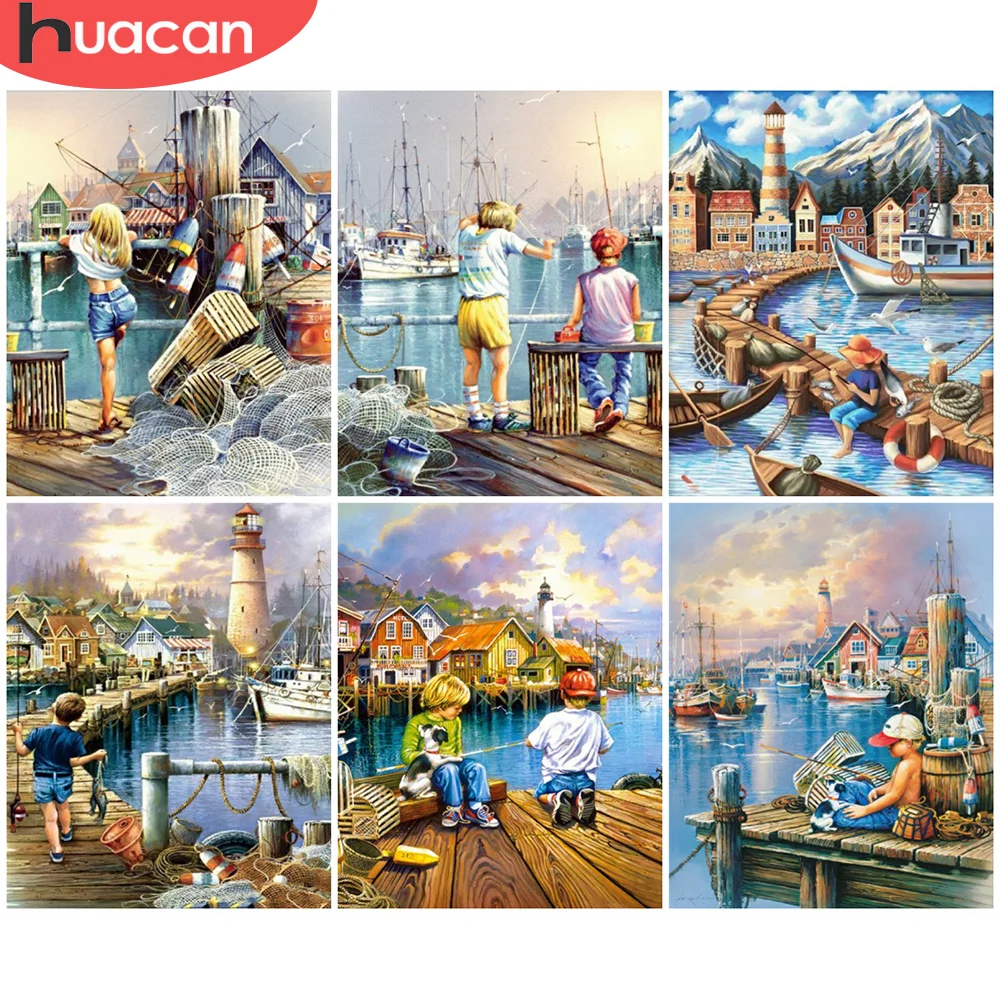 

HUACAN DIY Frame Oil Painting By Numbers Seaside Acrylic On Canvas Wall Art Picture By Numbers Bridge Children's Room Decor
