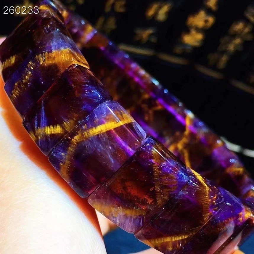 

Genuine Natural Cacoxenite Gold Rutilated Quartz Bracelet 15.5x8.6x5.8m Purple Rutilated Women Clear Beads Bangle AAAAAA