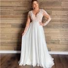 Женское шифоновое платье с длинным рукавом, белое кружевное свадебное платье с аппликацией и V-образным вырезом, длинное пляжное платье невесты