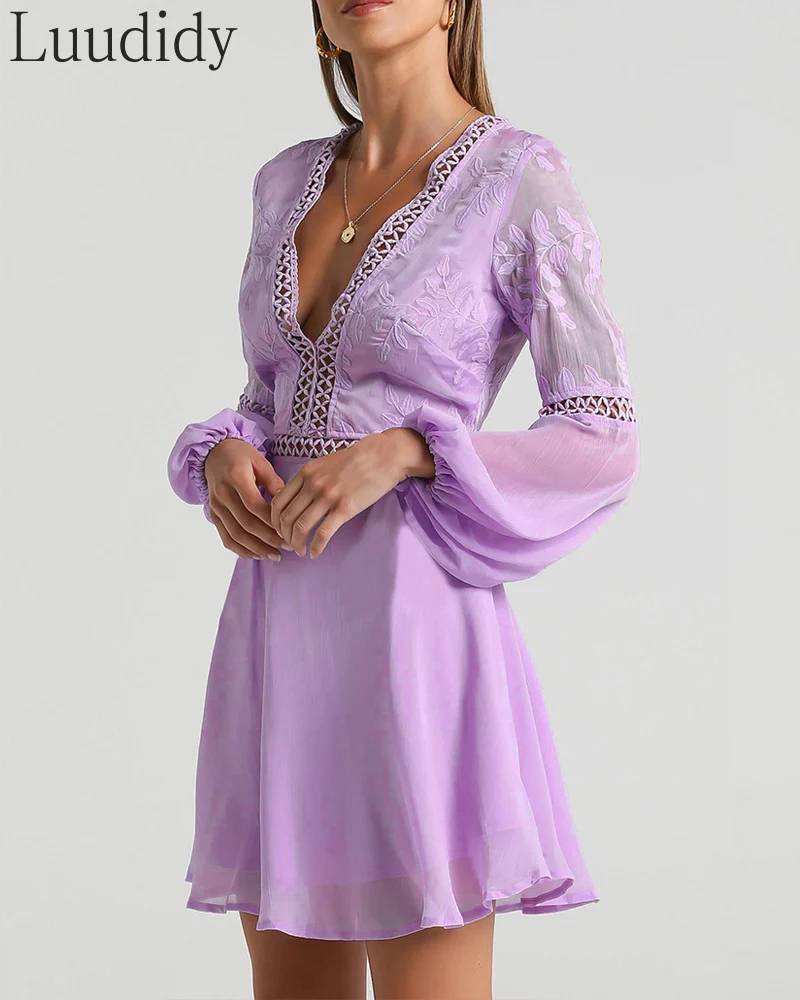 

V-Neck Lace Embroidered Patchwork Backless Dress Women Casual Long Sleeve Hollow Out A-Line Dress