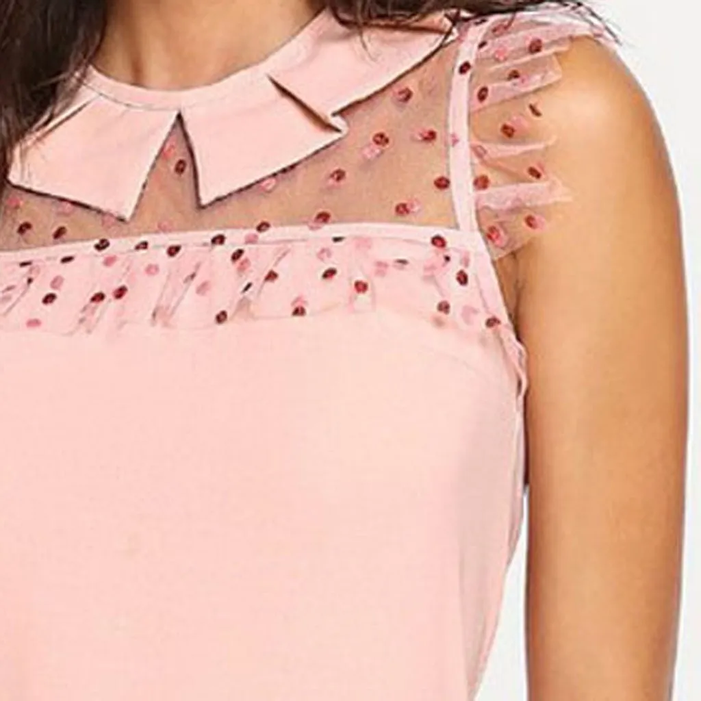 Летнее платье мини для женщин модное без рукавов отложной Воротник майка точка