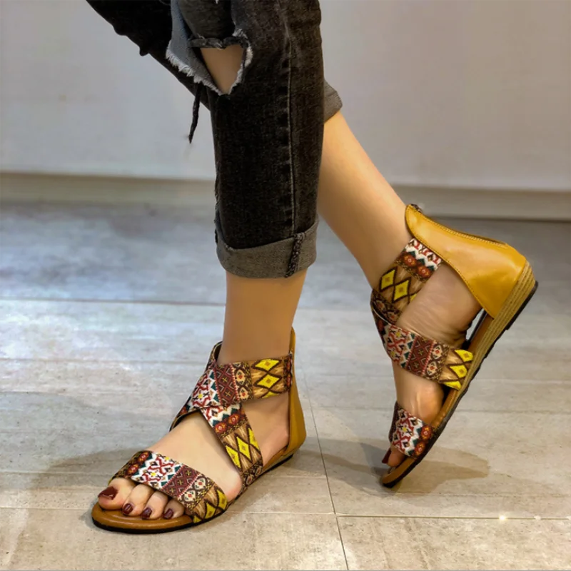 

2021 Summer New Ethnic Style Casual Fashion All-match Flat-bottomed Slope with Open Toe Bohemian Roman Sandals Women ZZ128