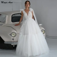 magic awn princess boho wedding dresses 2022 lace appliques bow spaghetti straps illusion puffy ivory bridal gown a line vestido