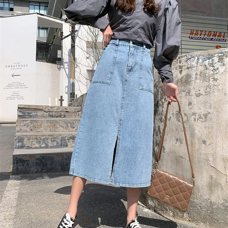 

Women High Waist Elegant Split Button Long Denim Skirts with Pockets Elegant Cotton Washed Female A-line Skirt Spring Autumn Ins