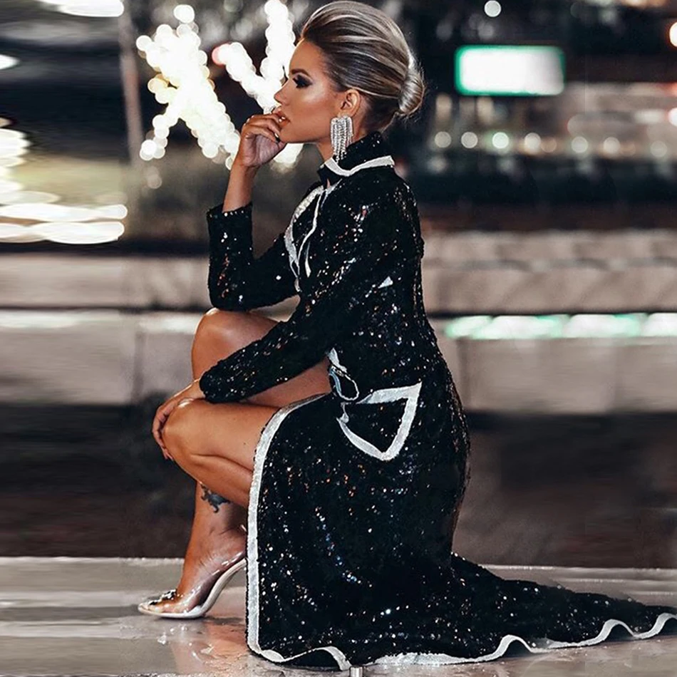 Модное летнее Женское пальто черное с блестками V глубокий длинный рукав