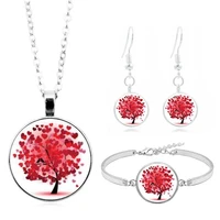 pink heart shaped tree of life art photo jewelry set glass necklace earring bracelet totally 4 pcs for womens fashion gifts
